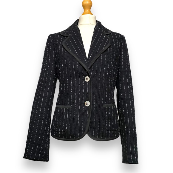 Max Mara Blazer Black Size 12 Jacket Pinstripe Textured Cotton Smart Tailored - Picture 7 of 14